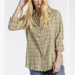 Miss Me Green Plaid Floral Embroidered Top Size S